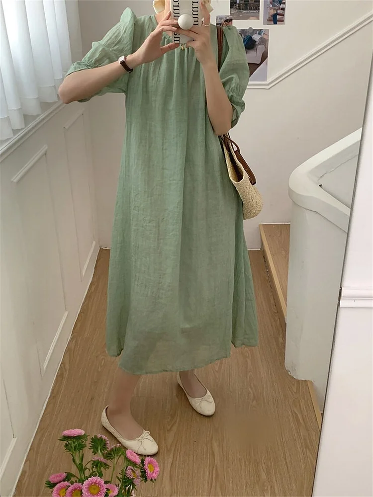 Casual Solid Color O-neck Lace-Up Puff Half Sleeve Dress