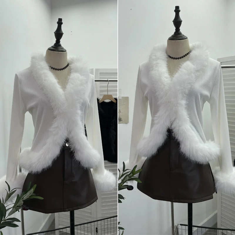 Uveng Real Shooting Babes V Collar Hair Spliced Knitted Cardigan Women Autumn And Winter Decoration Slim Coat Temperament Coat 2676