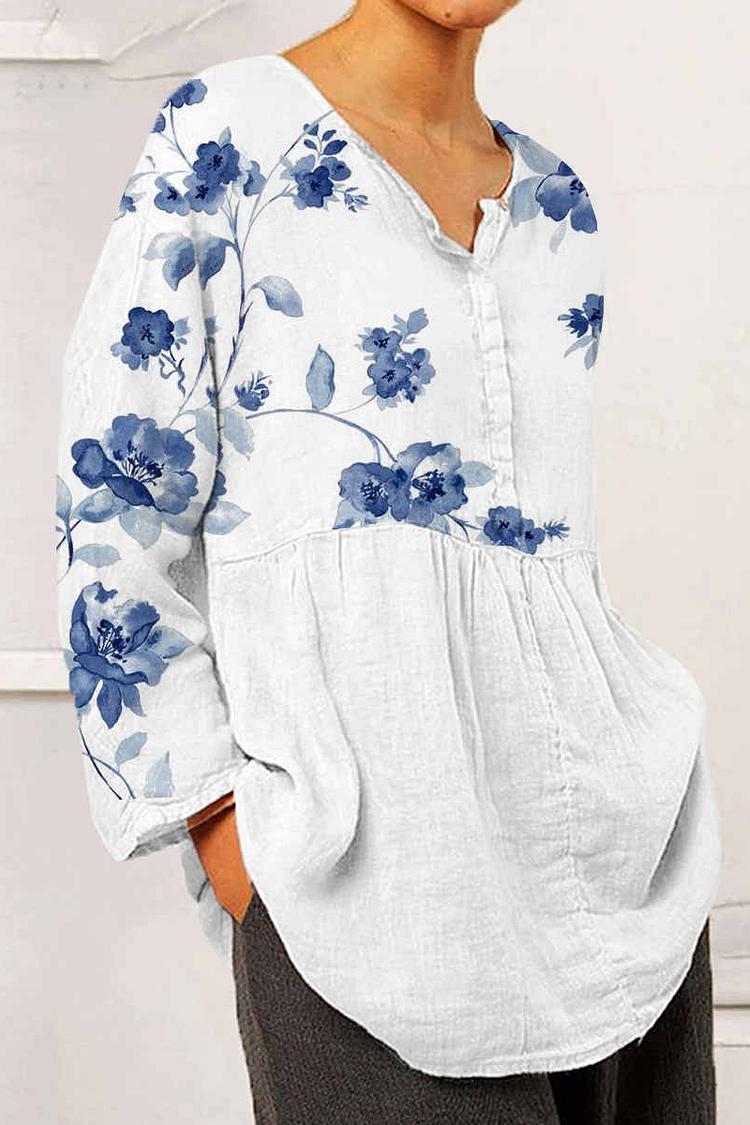 Irregular Neck Traditional Floral Print Long Sleeve Pleated White Linen Casual Top