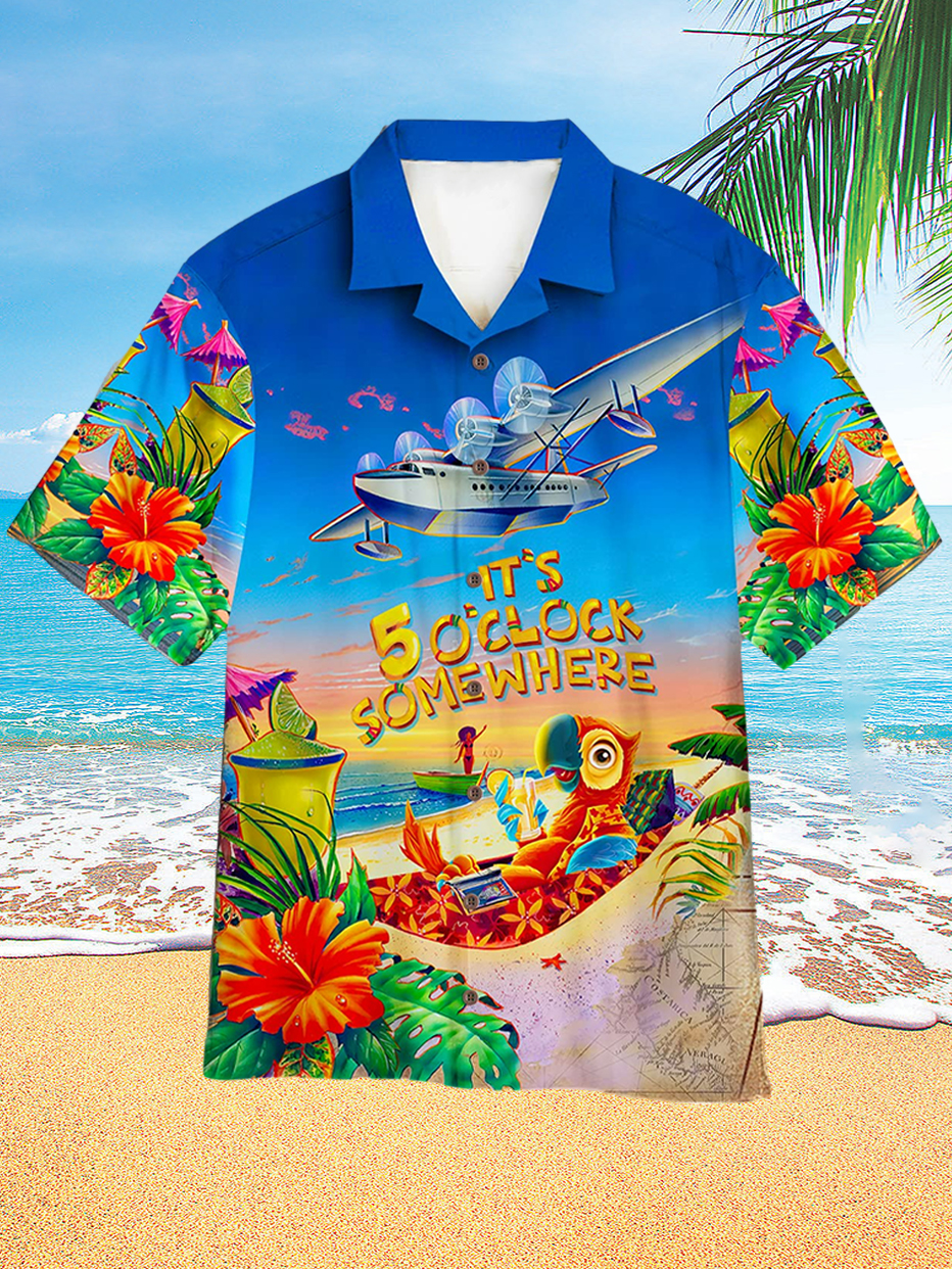 Hawaii Parrot Beach Party Print Resort Men's Short Sleeve Shirt PLUSCLOTHESMAN