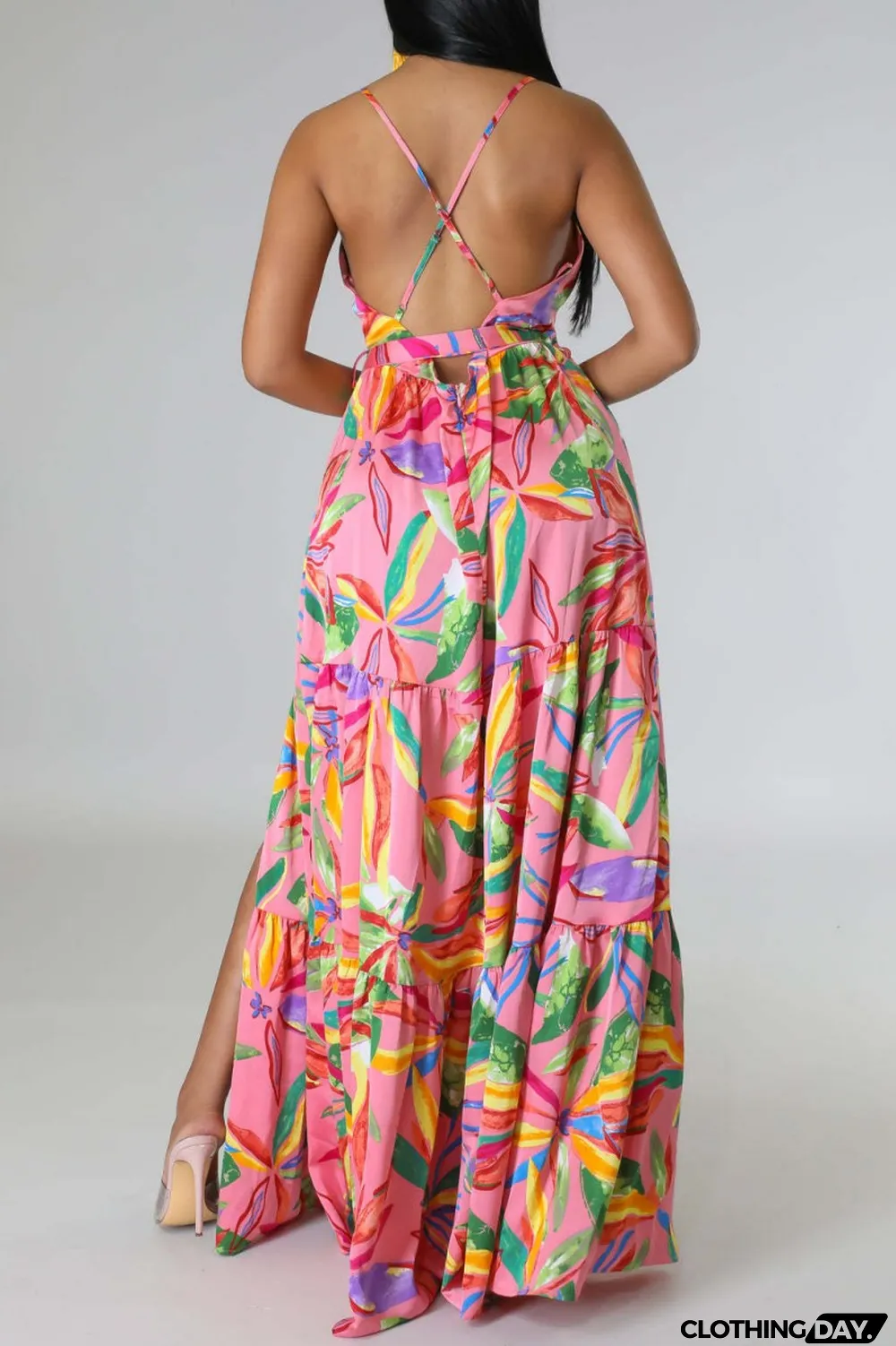 Multi-color Sexy Casual Print Backless Slit Spaghetti Strap Long Dress Dresses