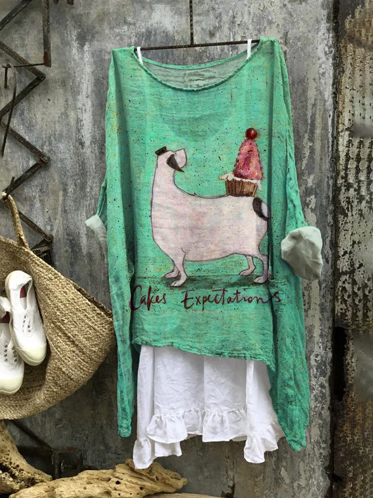 Cakes Expectations Dog Art Print Linen Flowy Shirt