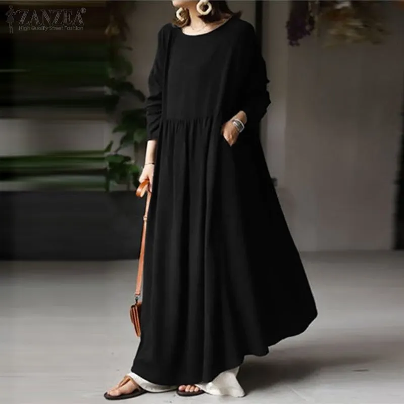 Women Elegant Maxi Long Dress ZANZEA 2022 Autumn Vintage Long Sleeve Solid Sundress Kaftan Femme Robe Vestidos  Baggy