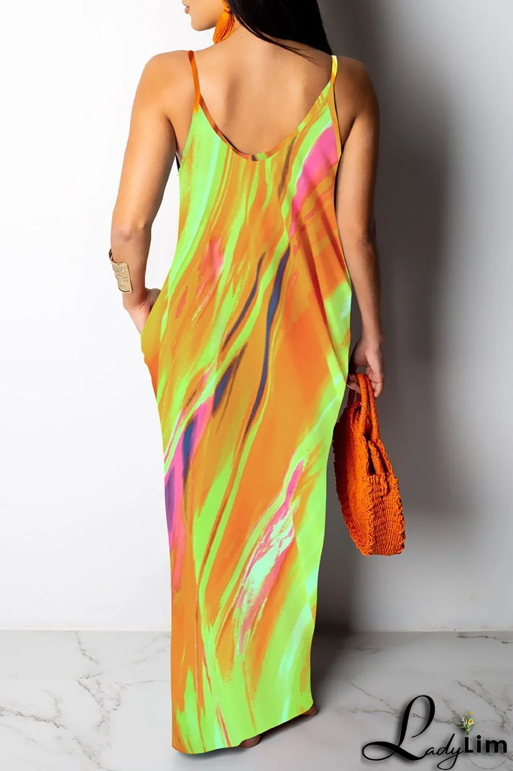 Yellow Sexy Print Patchwork Spaghetti Strap Sling Dress Dresses