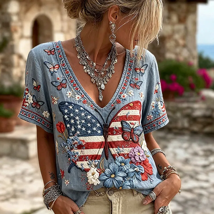 Women's Independence Day Butterfly Flag Pattern V-neck Linen Blend T-shirt