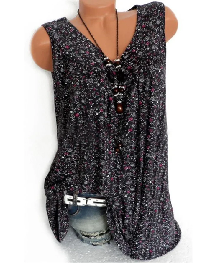 Summer Women Floral V Neck Sleeveless Blouses