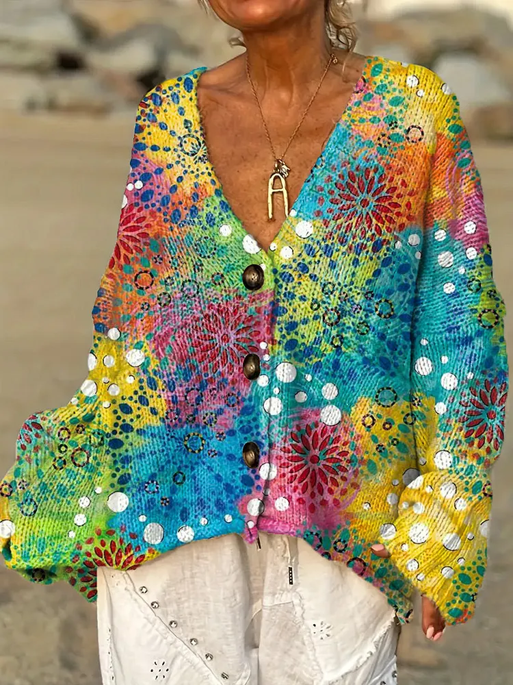 Women's Beautiful Colorful Abstract Circular Floral Totem Painting Art Print Casual Pullover Sweater