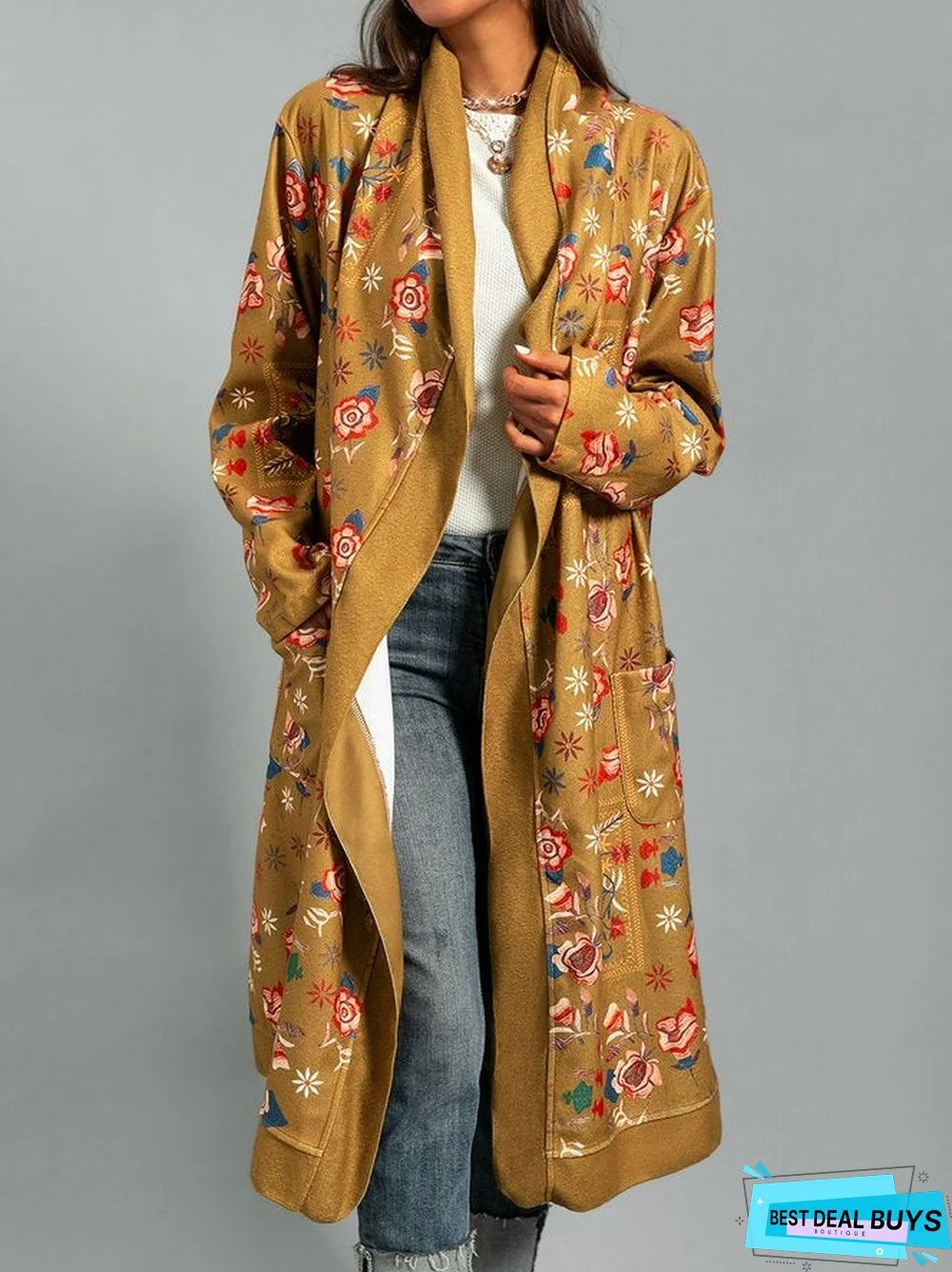 Tribal Long Sleeve Shift Shawl Collar Outerwear