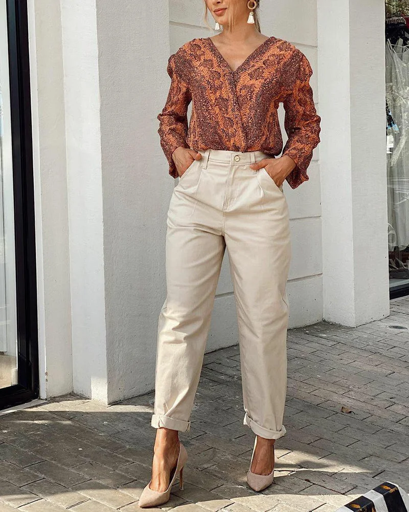 Stylish V-Neck Long-Sleeve Shirt & Pants Two-Piece Set