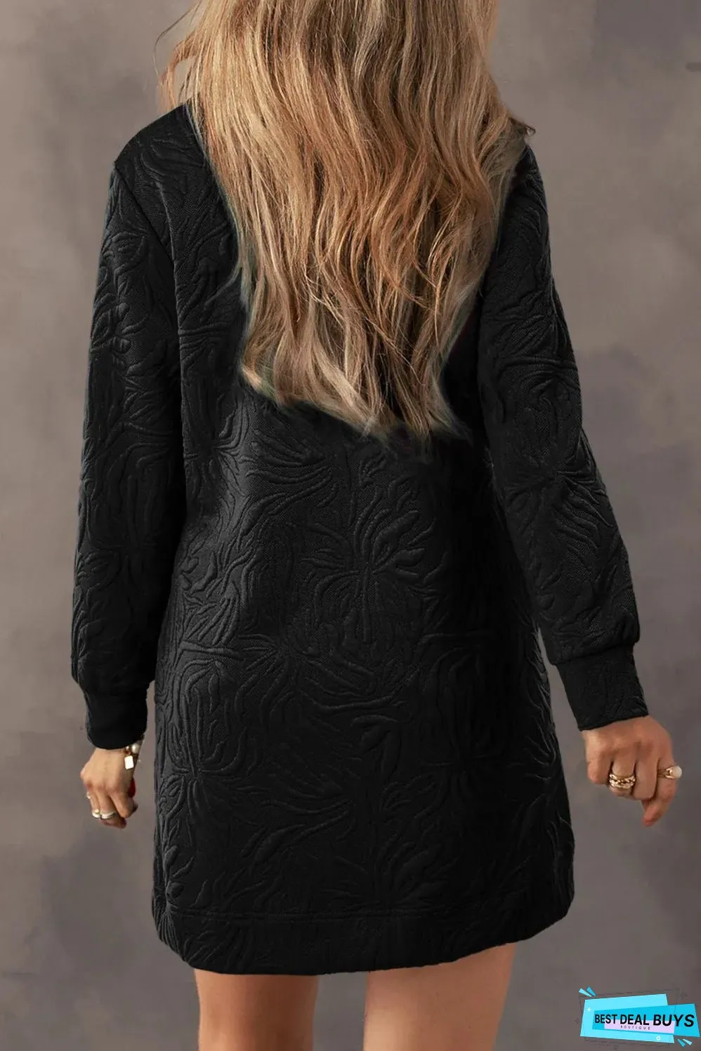 Black Jacquard Textured Quarter Zipper Shift Mini Dress