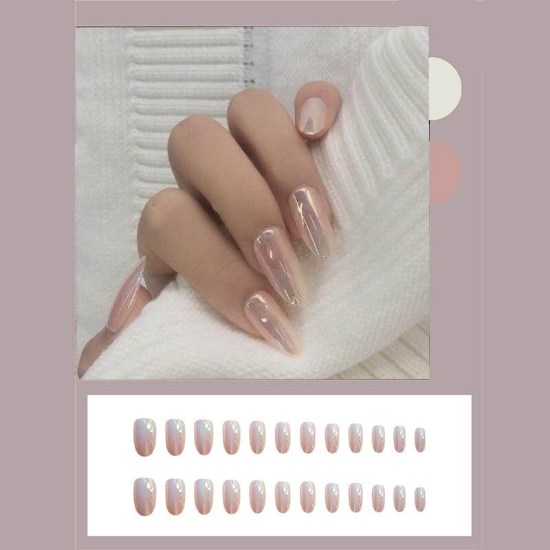 24PCS/box Pink Fashionable Mirror Face fake nail oval head Medium length Detachable Wearable for Daily Wear artificial nail glue