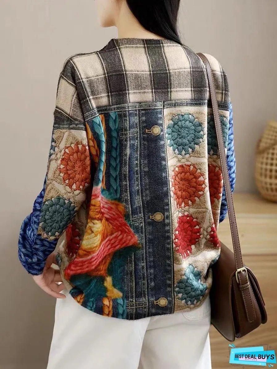 Women Vintage Winter Spliced O-Neck Warm Sweater