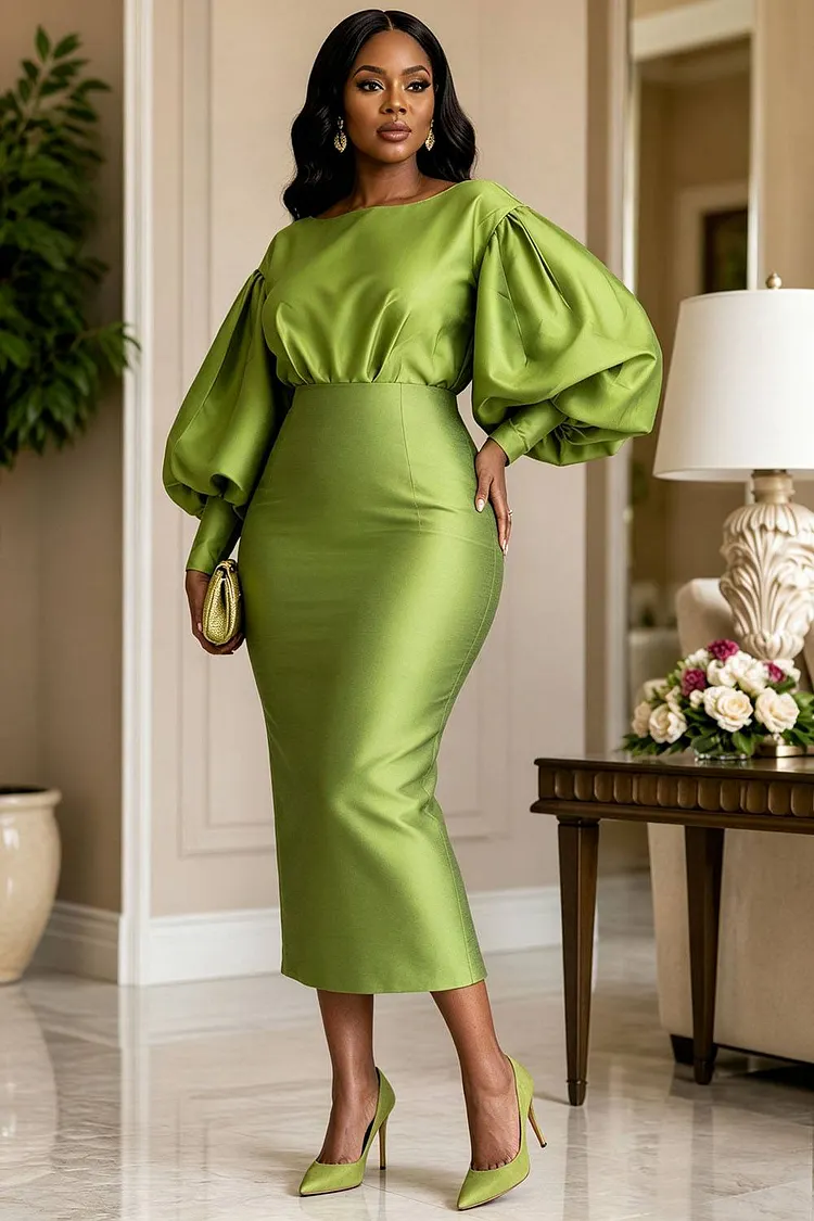 plus size sage green dress for wedding Xpluswear Design Guest Boat Neck Lantern Sleeve Long Sleeve Split Bodycon Satin Midi Dresses [Pre-Order] wingtip