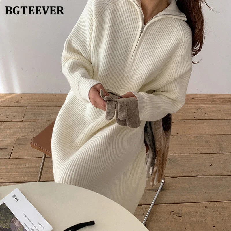 BGTEEVER Casual Thicken Turtleneck Zippers Women Knitted Dress 2021 Autumn Winter Long Sleeve Side Split Female Sweater Dress