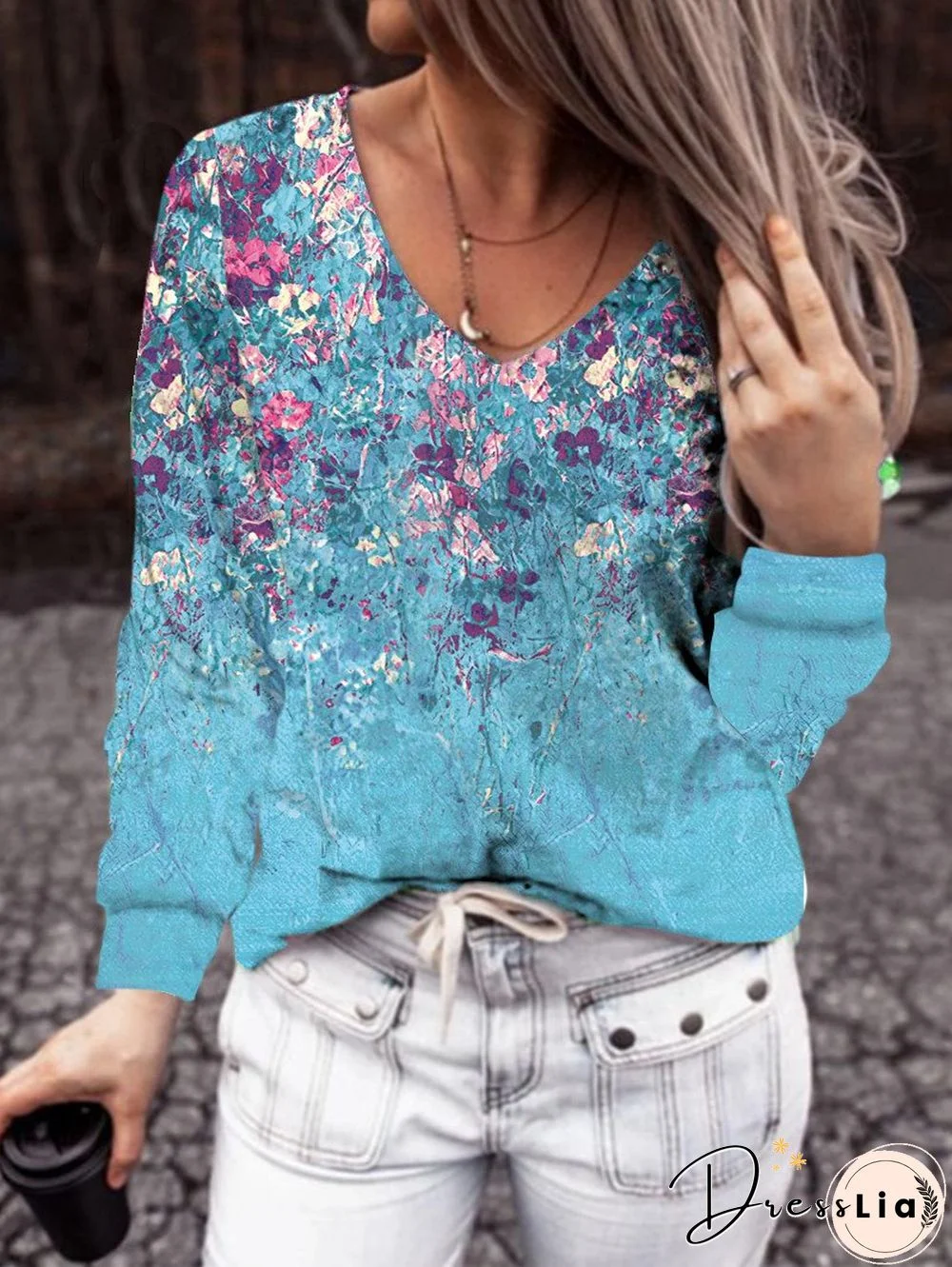 Loose Printed V Neck Women Shirt