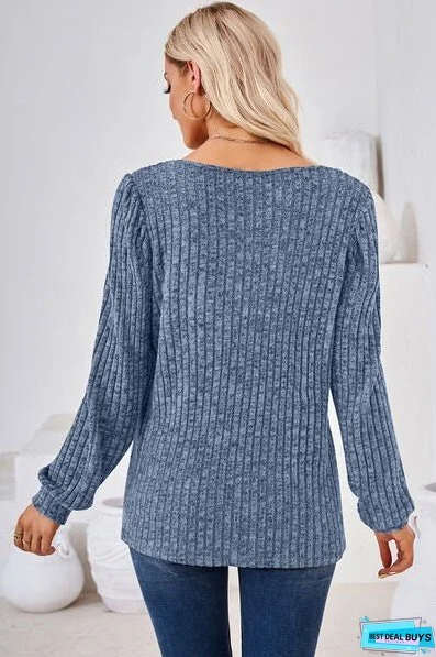 Ribbed Square Neck Long Sleeve T-Shirt