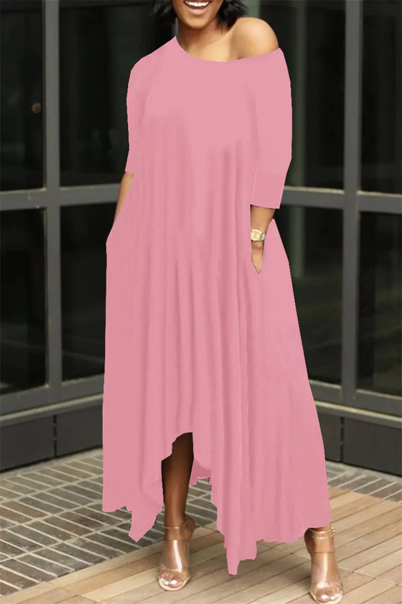 Casual Simplicity Solid Slit Asymmetrical Oblique Collar A Line Dresses