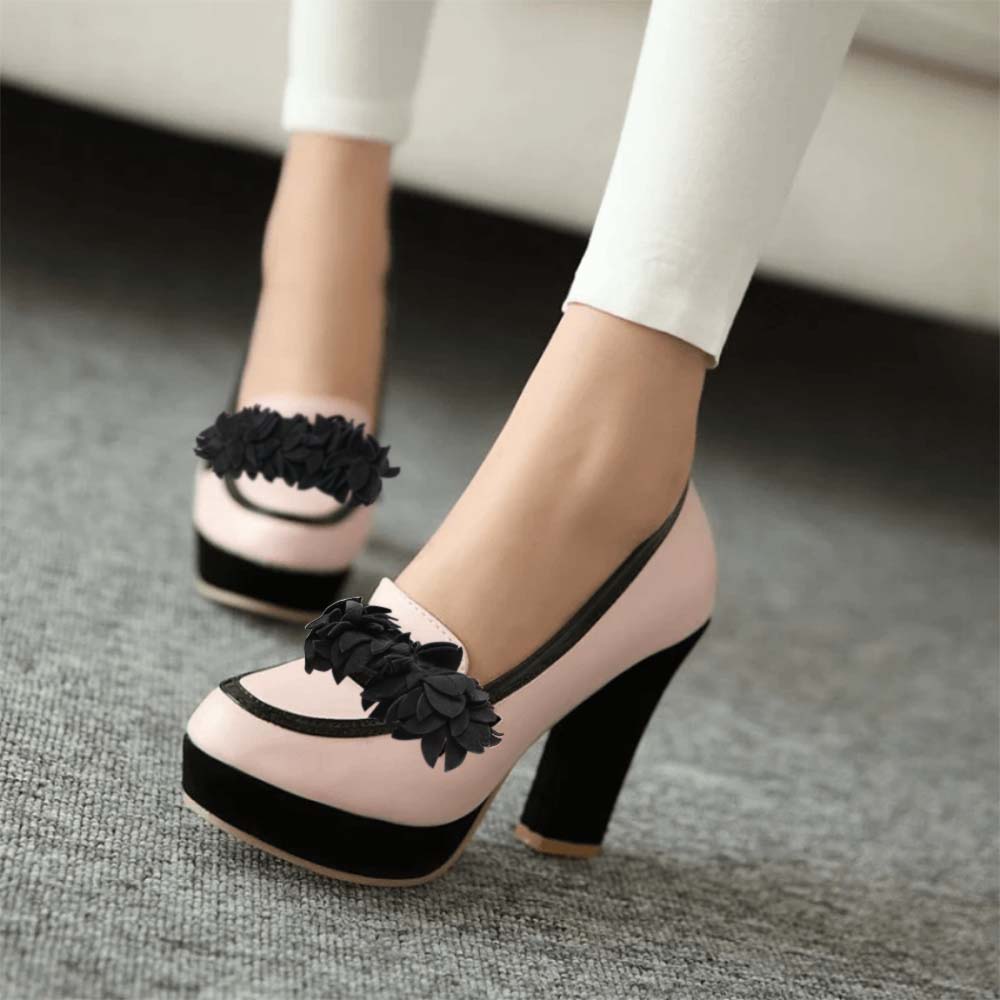 Pink Faux Suede Round Toe Chunky Heel Pumps with Black Leaf Decor Nicepairs