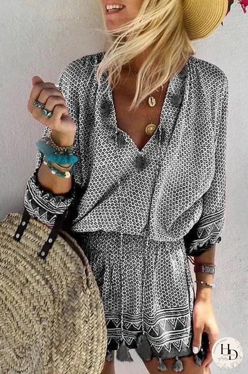 V-neck 3/4 Sleeve Beach Mini Dress (6 Colors) P16204