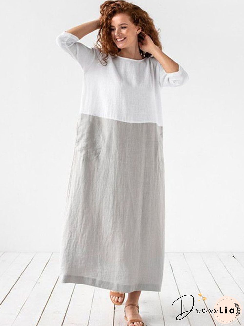 Loose Solid Cotton Linen Patchwork Dress Round Neck Seven Sleeve Skirt