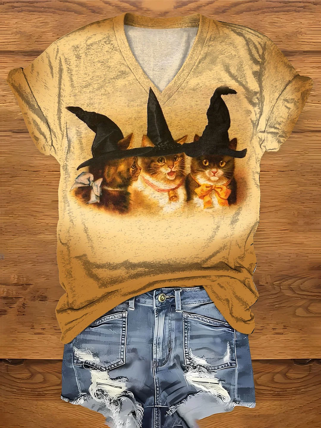 Women's Halloween Witch Hat Cute Kitten Cat Print Casual T-shirt