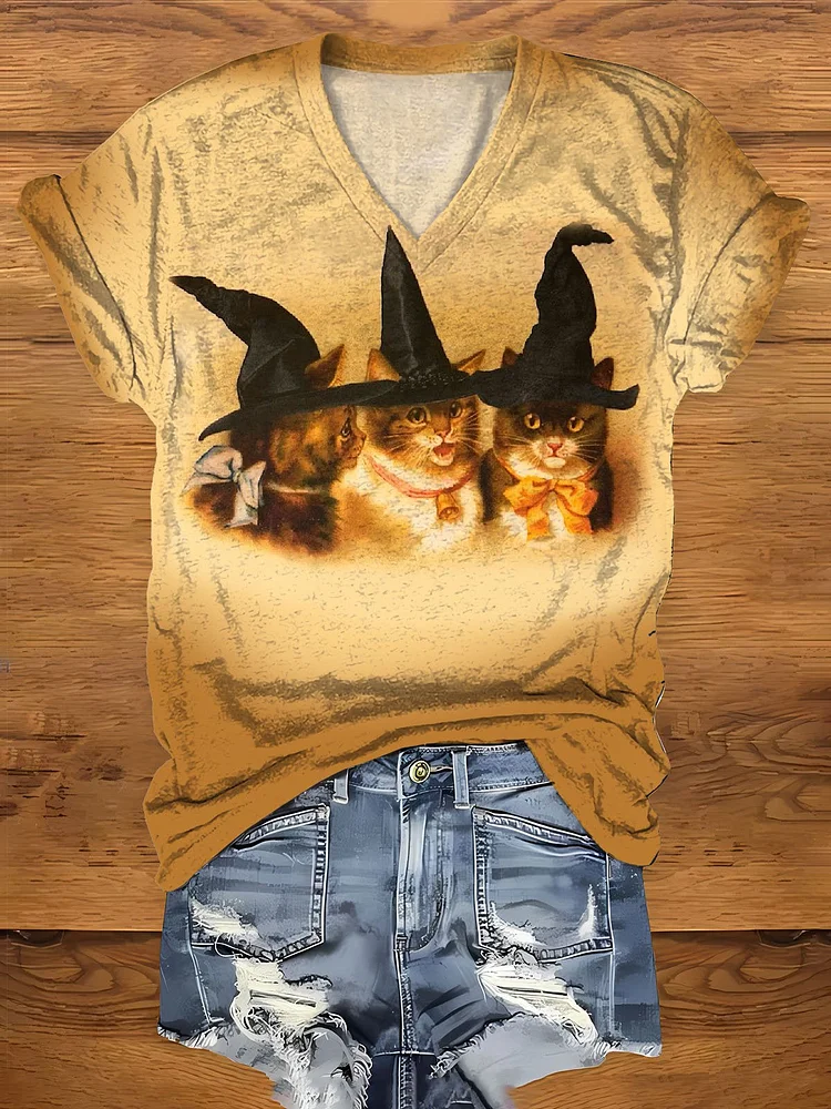 Women's Halloween Witch Hat Cute Kitten Cat Print Casual T-shirt