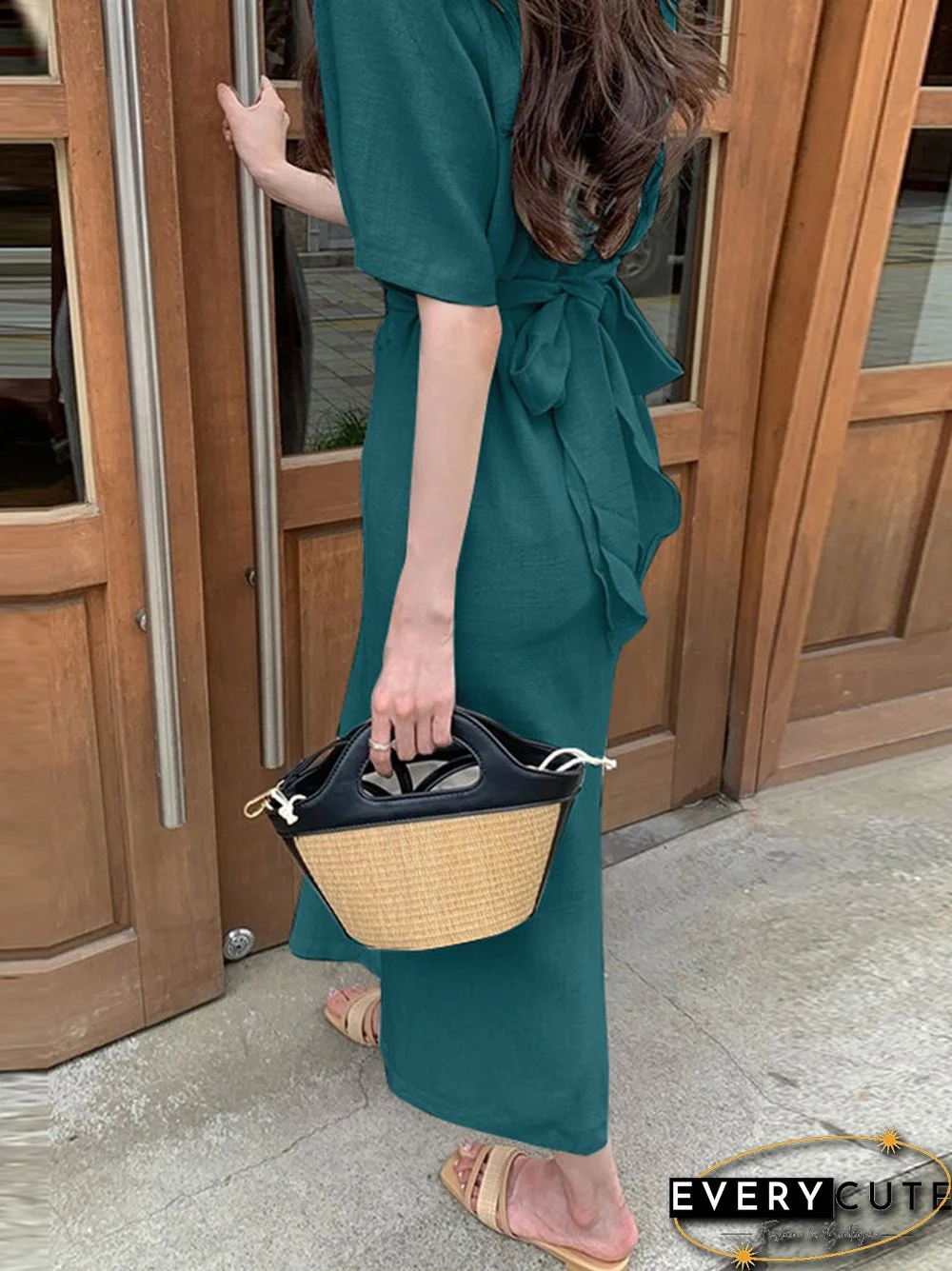 Cotton Solid Bowknot Short Sleeve Maxi Dress