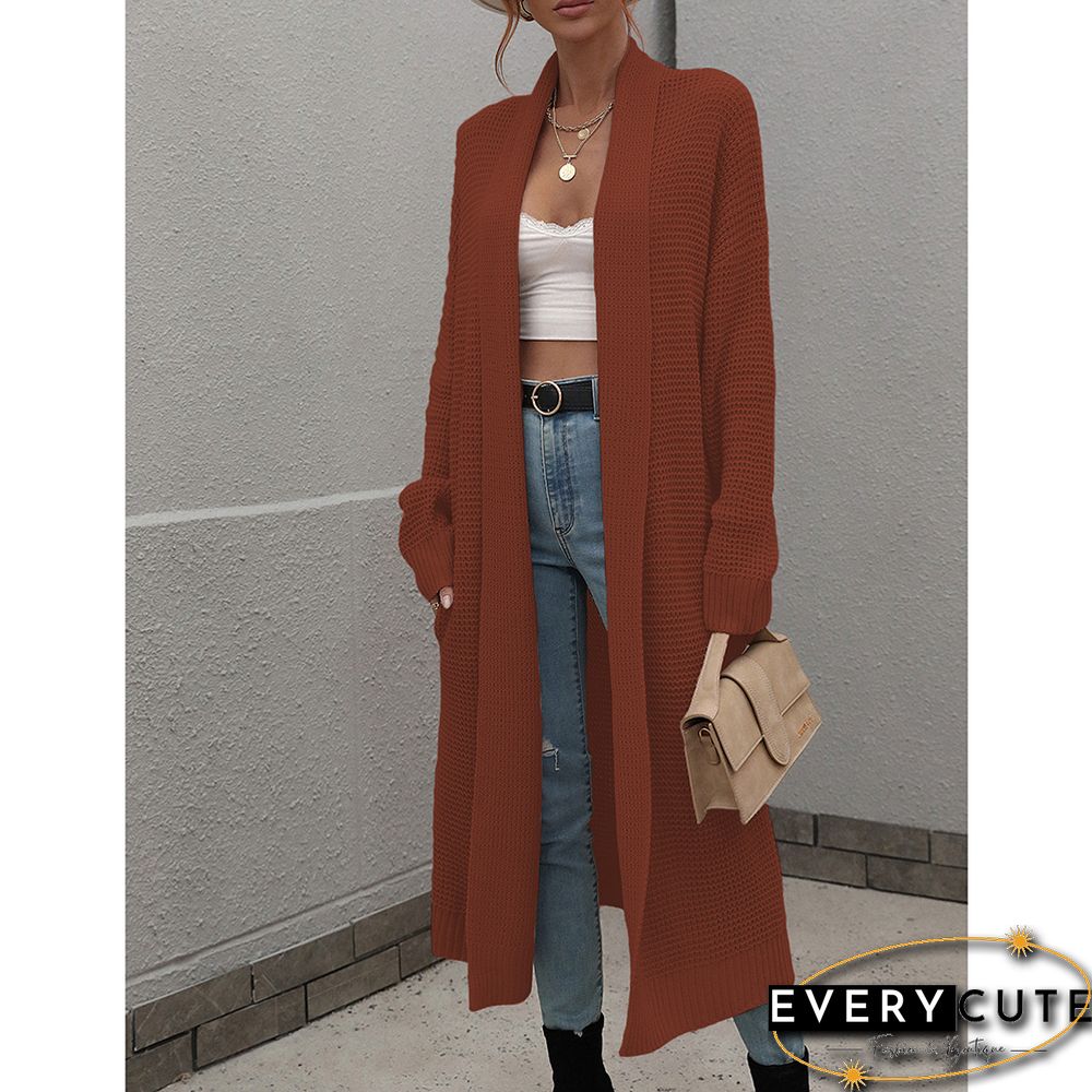 Rust Red Knit Pocket Open Front Long Cardigan