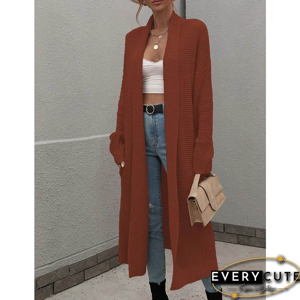 Rust Red Knit Pocket Open Front Long Cardigan