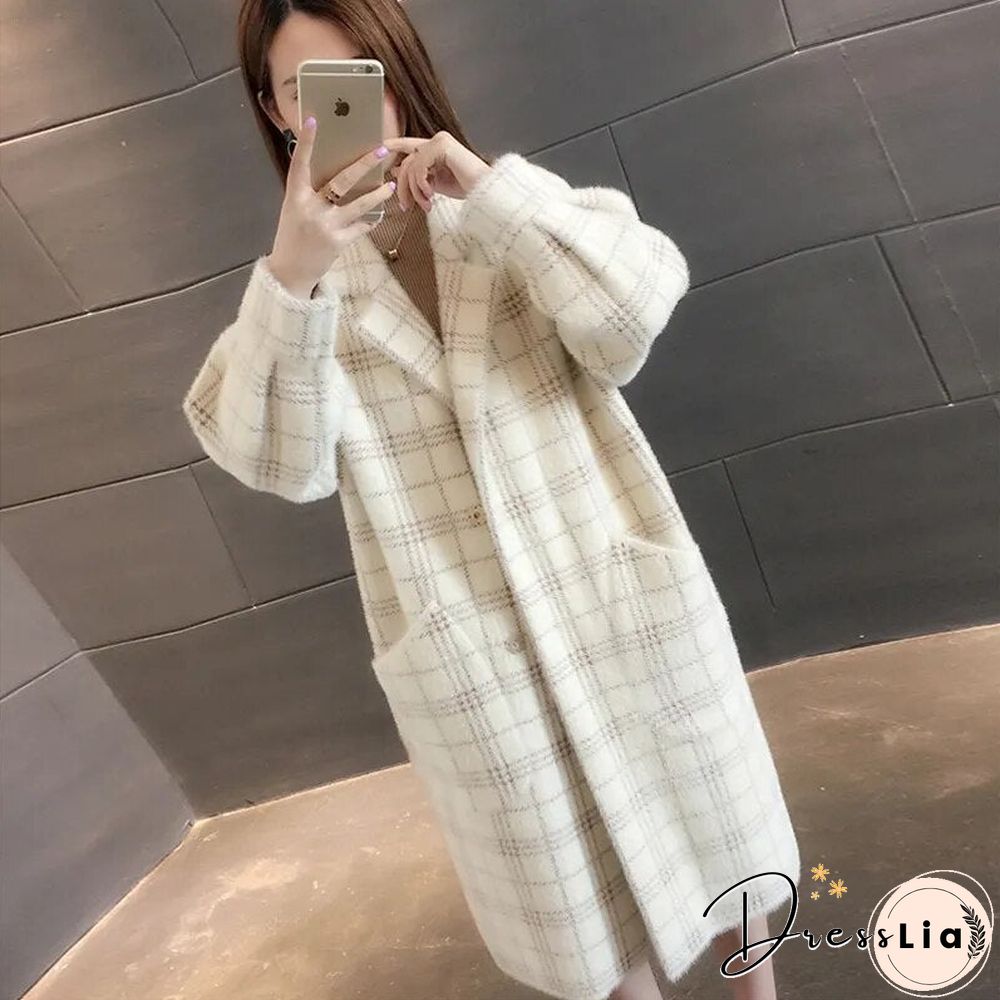 Elegant Plaid Woolen Jacket Women Korean Fashion Big Pocket Long Wool Coat Autumn Winter Warm Soft Covered Button Outwear