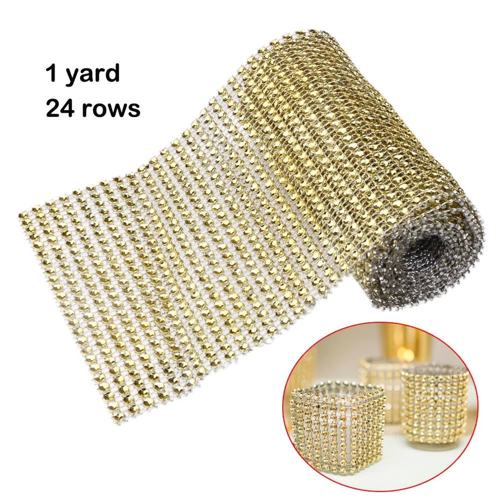 1Yard 8/24 Rows Gold Silver Crystal Diamond Mesh Rhinestone Ribbon for Wedding Party Gift Vase Floral Decoration Products Decor