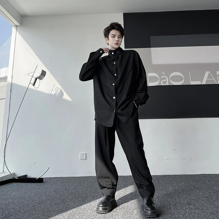 Dawfashion Techwear Streetwear-Spring Stand Up Collar Button-trimmed Long-sleeved Shirt Casual Set Suits-Streetfashion-Darkwear-Techwear