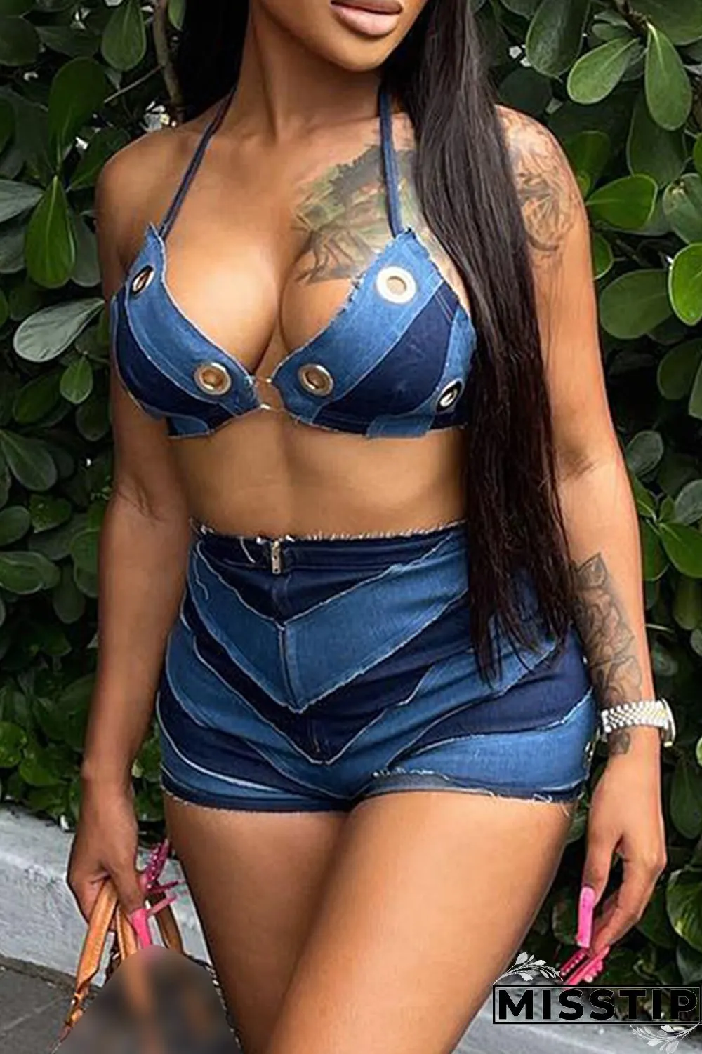 Blue Sexy Patchwork Bandage Hollowed Out Backless Contrast Halter Sleeveless Two Pieces