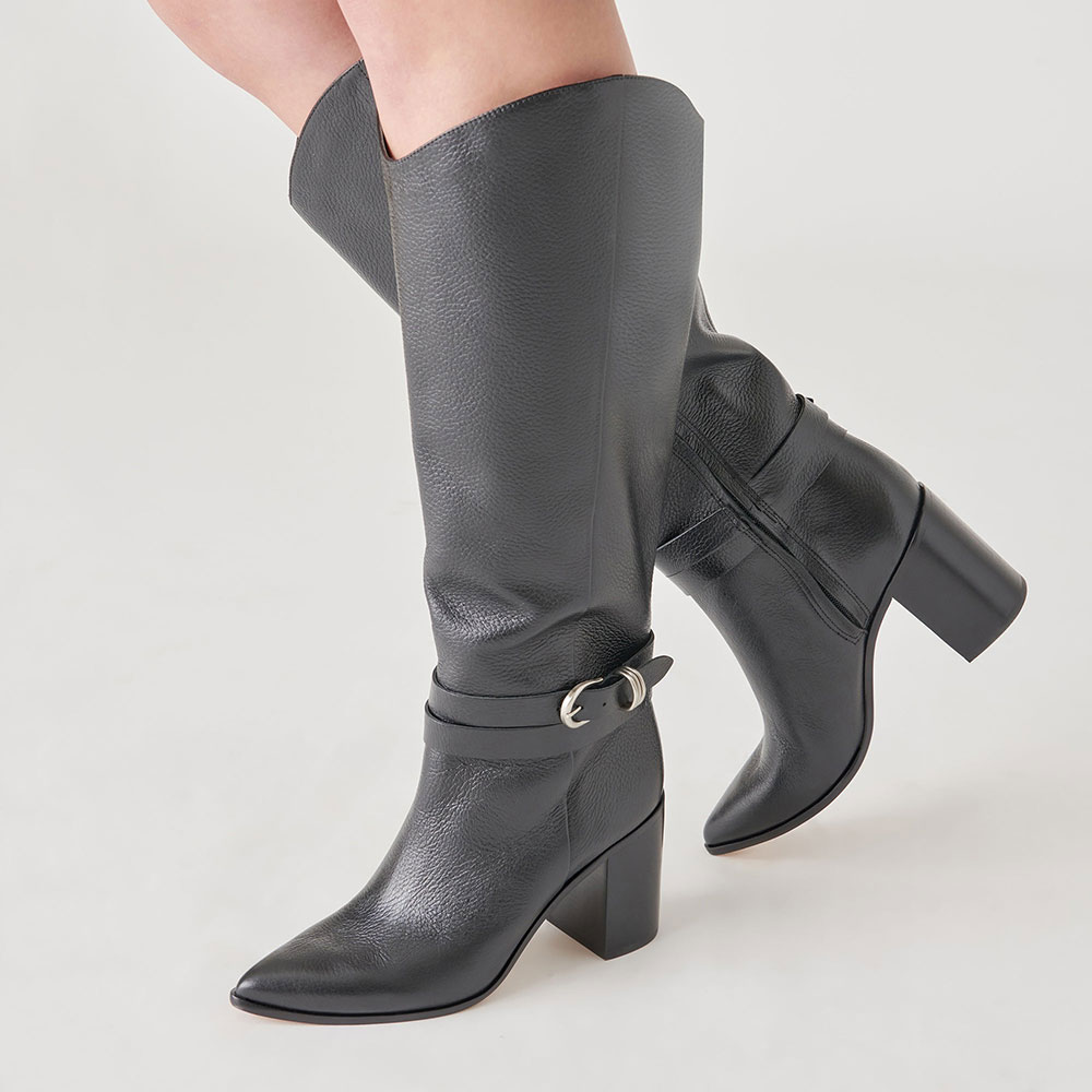 Black Buckle Strap Pointed Toe Block Heel Knee High Boots with Zipper Nicepairs