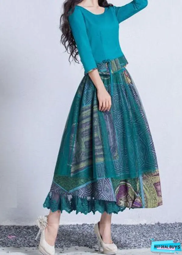 Stylish Blue Print Wrinkled Lace Patchwork Chiffon Skirt Summer
