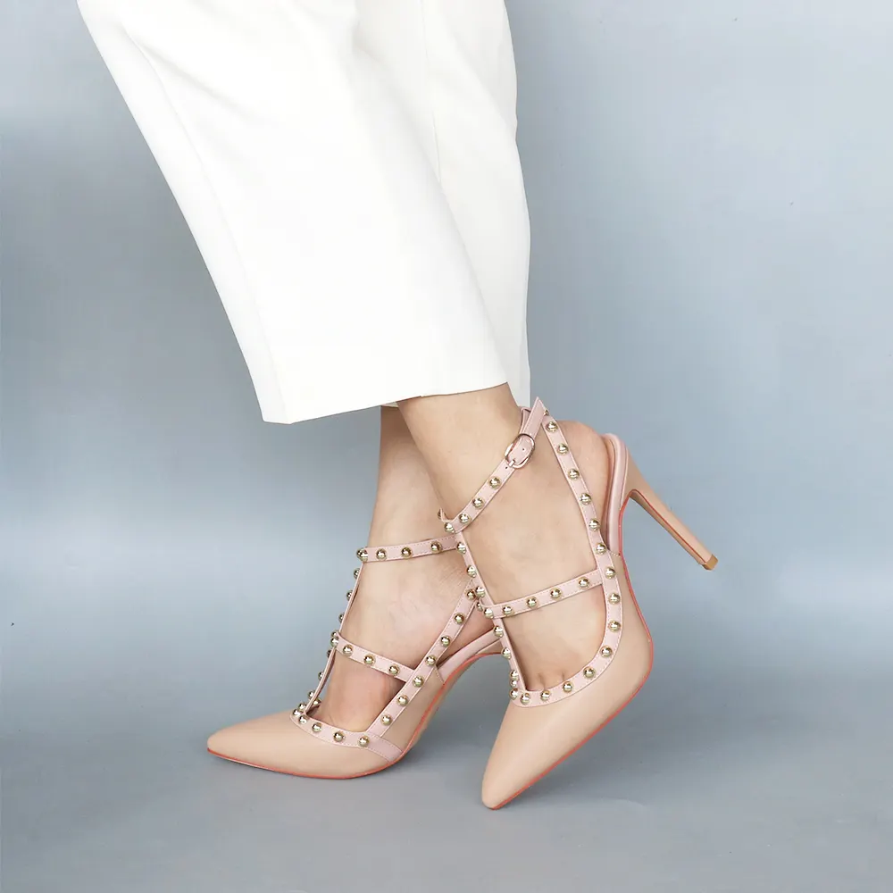 100mm Heels Strap Sandals with Pointed Rivets for Women Slingback Pumps Closed Toe Nude Matte Sandals-vocosishoes