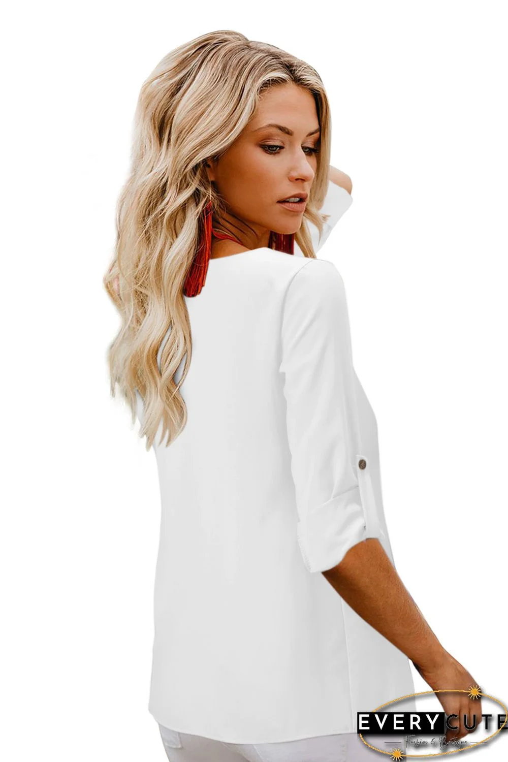 White Button Detail Roll up Sleeve Blouse