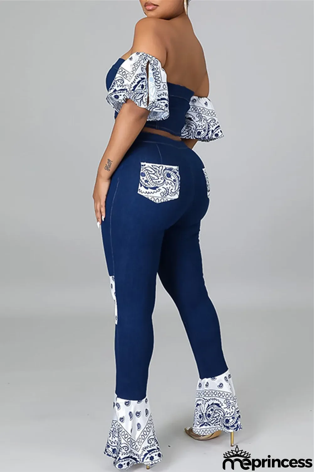 Dark Blue Sexy Casual Patchwork Backless Strapless Short Sleeve Two Pieces