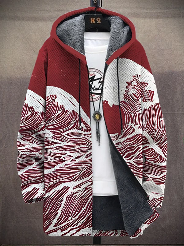 Men's Japan Wave Linoleum Art Print Hooded Trench Coat