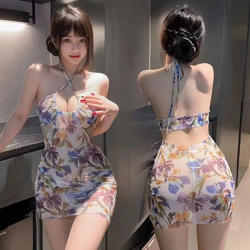 Churchf Deep U Dew Ditch Dizziness Print Bag Dress Sex Dress Summer Sexy Nude Dress Thai Seaside Vacation