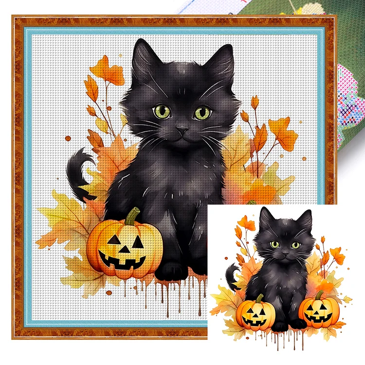 Halloween Pumpkin And Black Cat - Printed Cross Stitch 18CT 25*25CM