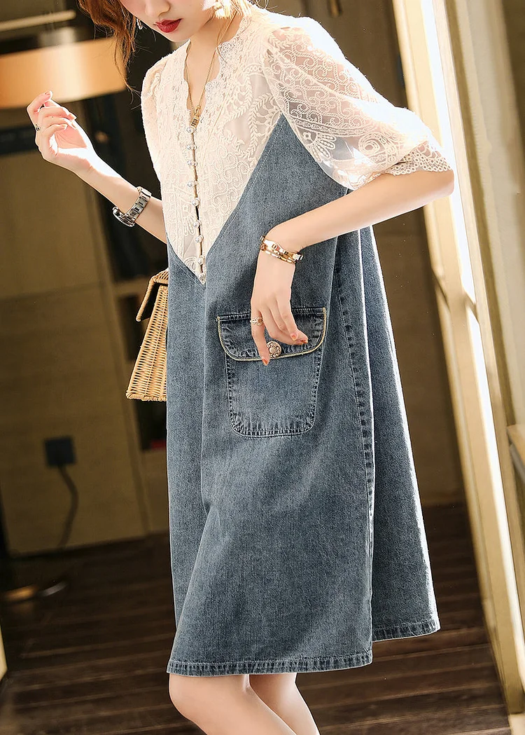Loose Blue Embroideried Lace Patchwork Dress Half Sleeve
