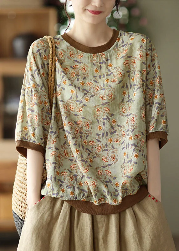 Coffee Patchwork Linen T Shirt Tops O Neck Short Sleeve