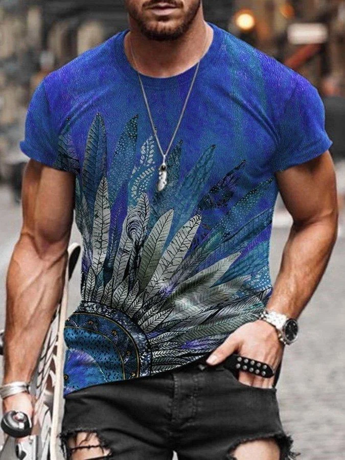 Men‘s Tribal Feather Painting Print T-shirt
