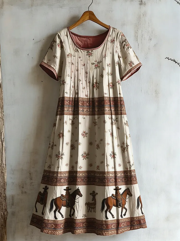 Women's Western Vintage Floral Short Sleeve Cotton Dress