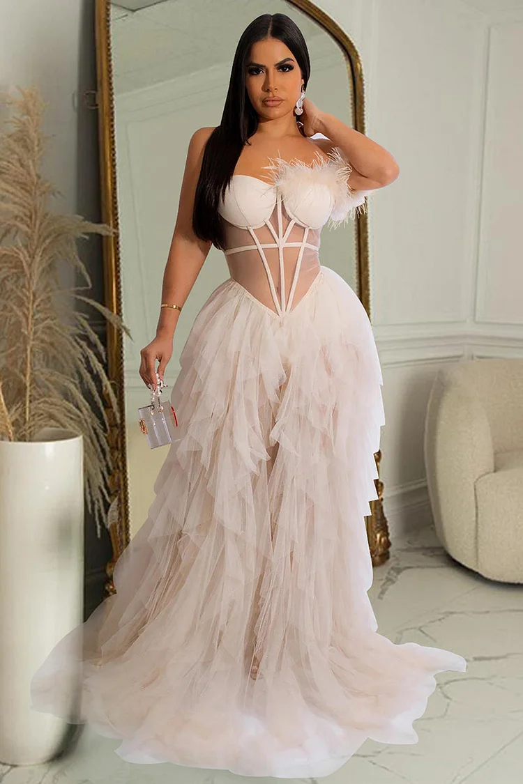 Feather Trim Off Shoulder Corset Prom Gown Maxi Tulle Dresses