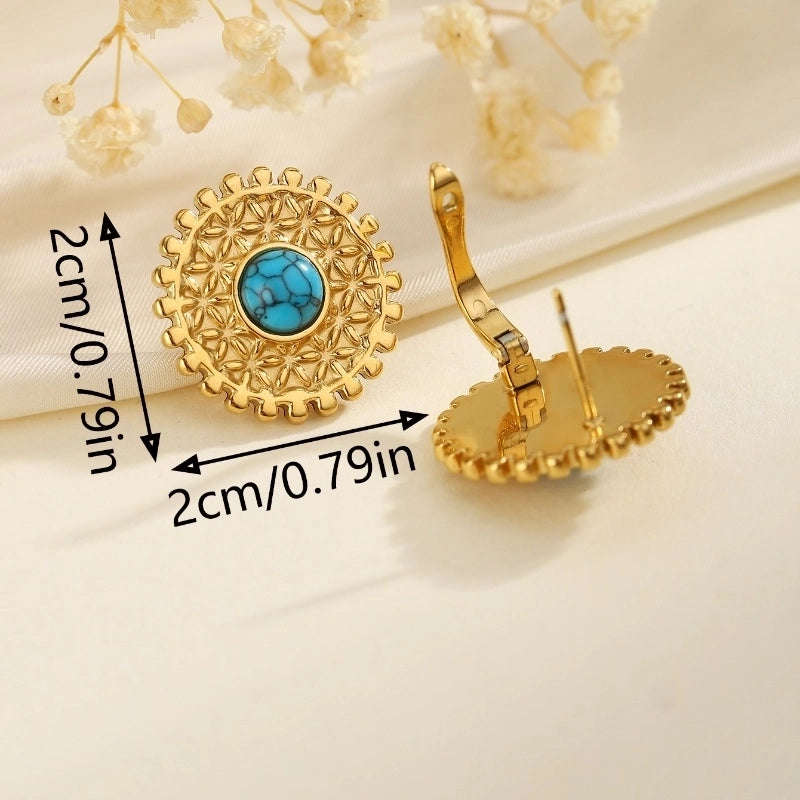 1 Pair Classical French Style Artistic Round Inlay 304 Stainless Steel Turquoise Ear Studs