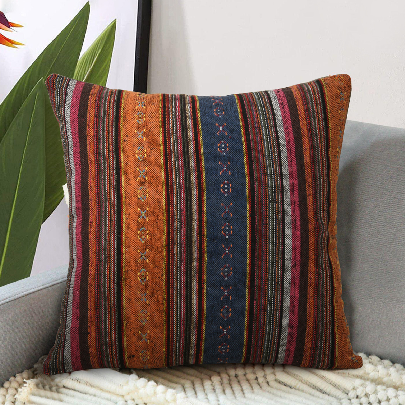 1pc Vibrant Bohemian Stripe Throw Pillow Cover - Double-Sided Ethnic Pattern Throw Pillow Covers for Couch, Sofa, Bed, and Living Room - Soft, Durable, and Machine Washable with Stylish Retro Design