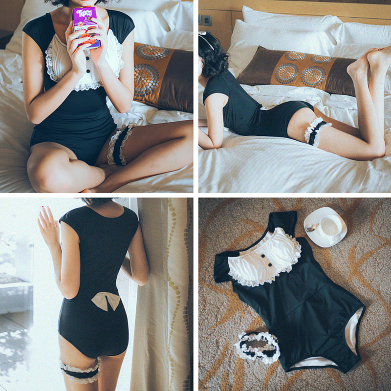 M/L/XL Black Maid Lace One Piece Swimsuit SP165582