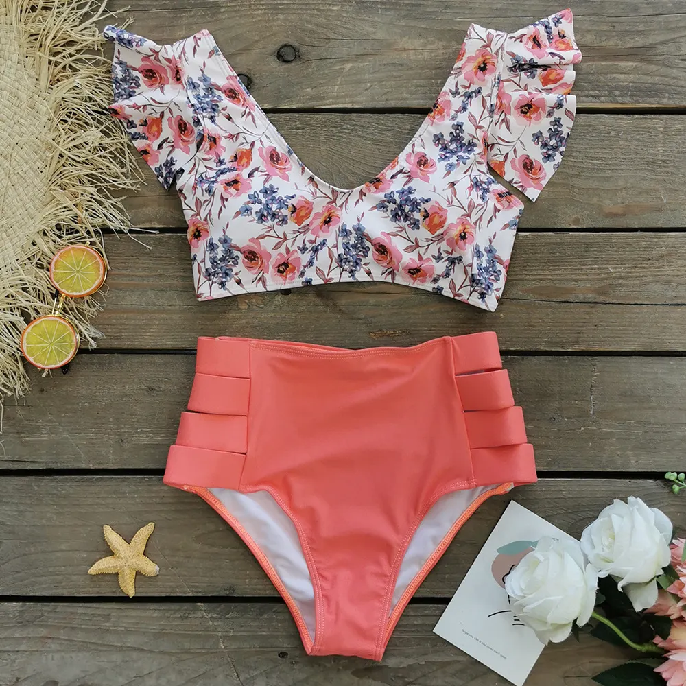 Brownm Bikini2025 New Lotus Edge Bikini Split Swimsuit Sexy High Waist